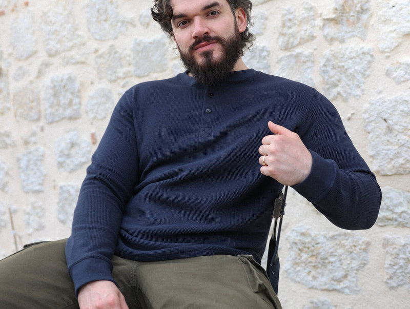 Pétrone Henley cormac manches longues coton bio Tencel bleu marine homme#couleur_bleu-marine