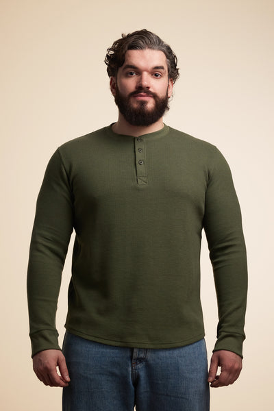 Pétrone Henley cormac manches longues coton bio Tencel vert kaki homme