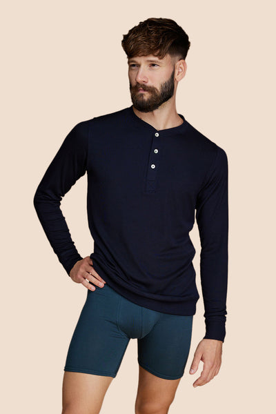 Pétrone Henley manches longues laine mérinos Tencel bleu marine homme