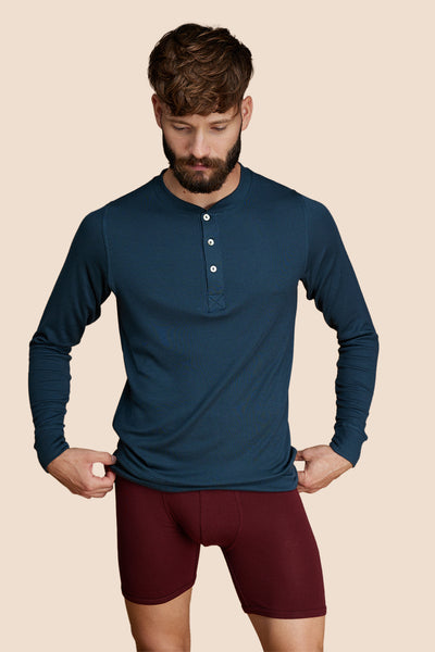 Pétrone Henley manches longues laine mérinos Tencel bleu pétrole homme