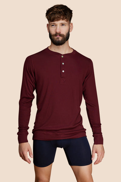 Pétrone Henley manches longues laine mérinos Tencel bordeaux foncé homme