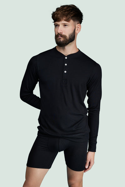 Pétrone Henley manches longues laine mérinos Tencel noir homme