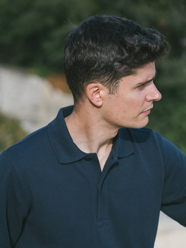 Pétrone Polo manches longues Tencel coton bio bleu marine homme#couleur_bleu-marine
