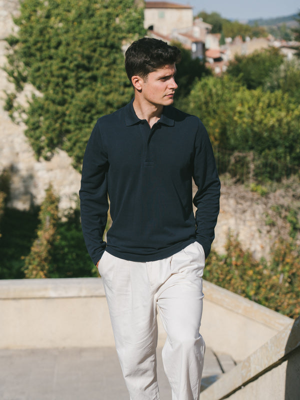 Pétrone Polo manches longues Tencel coton bio bleu marine homme#couleur_bleu-marine