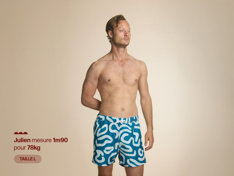 Pétrone short bain polyester recyclé graphique bleu acier homme#couleur_graphique-écru---bleu-acier