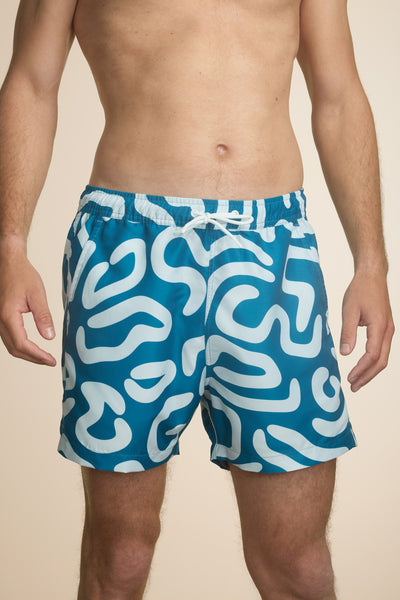 Pétrone short bain polyester recyclé graphique bleu acier homme