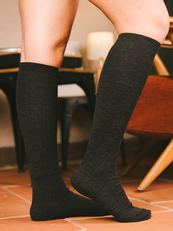 Pétrone mi-bas laine mérinos gris anthracite chiné femme#couleur_gris-anthracite-chiné