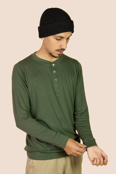 Pétrone Henley manches longues laine mérinos Tencel vert kaki homme