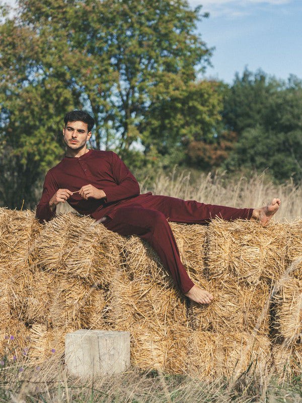 Pétrone ensemble de pyjama homme coton bio tencel lyocell henley pantalon bordeaux