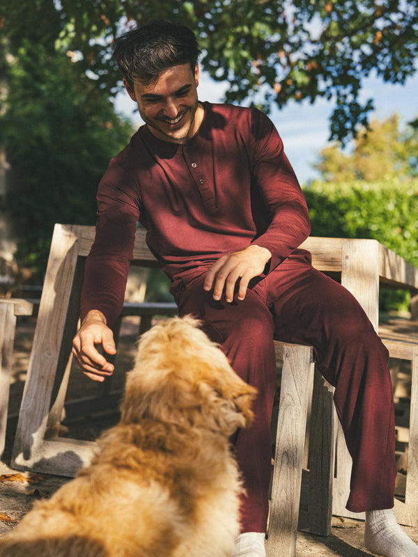 Pétrone ensemble de pyjama homme coton bio tencel lyocell henley pantalon bordeaux