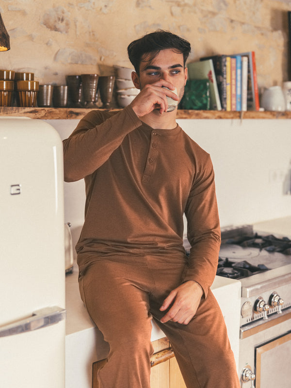 Pétrone ensemble de pyjama homme coton bio tencel lyocell henley pantalon chocolat