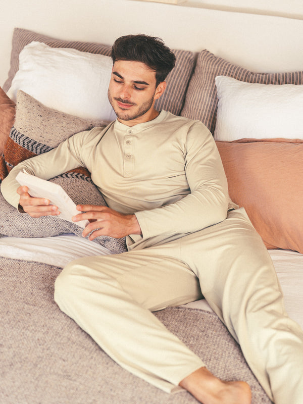 Pétrone ensemble de pyjama homme coton bio tencel lyocell henley pantalon sable