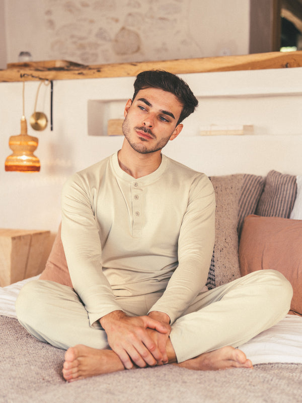 Pétrone ensemble de pyjama homme coton bio tencel lyocell henley pantalon sable