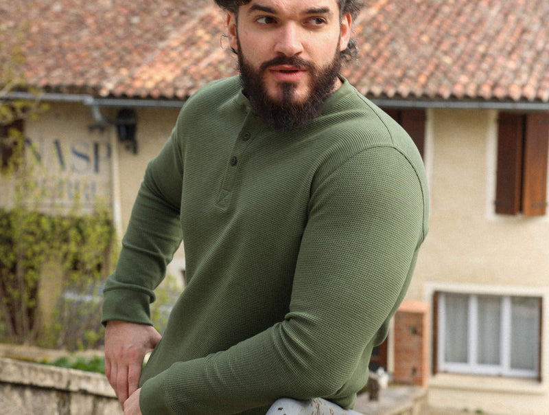Pétrone Henley cormac manches longues coton bio Tencel vert kaki homme#couleur_vert-kaki