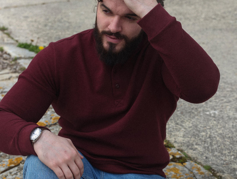 Pétrone Henley cormac manches longues coton bio Tencel bordeaux foncé homme#couleur_bordeaux-foncé