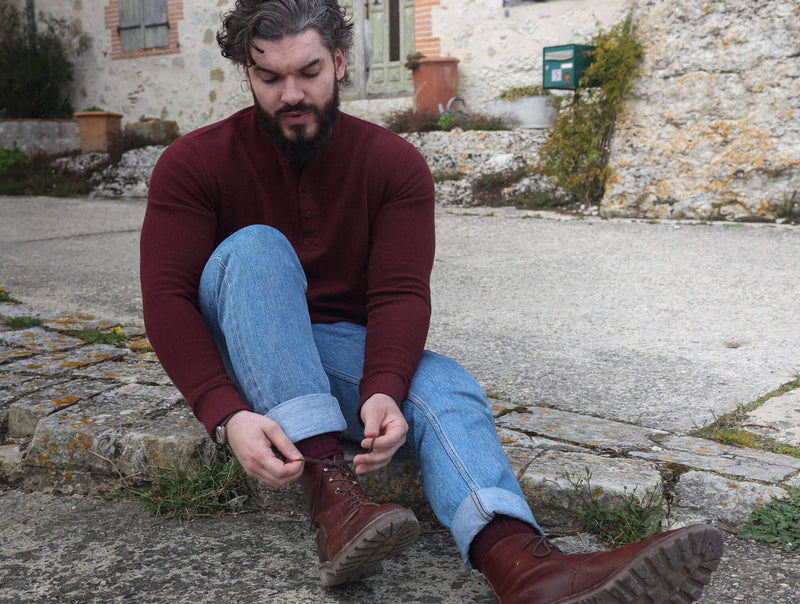 Pétrone Henley cormac manches longues coton bio Tencel bordeaux foncé homme#couleur_bordeaux-foncé