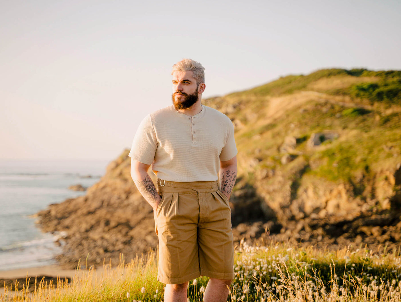 Pétrone Henley cormac manches courtes coton bio Tencel beige homme#couleur_beige