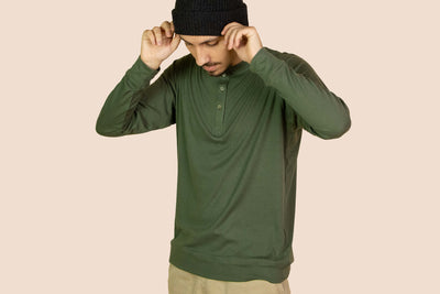 Pétrone Henley manches longues laine mérinos Tencel Vert Kaki homme#couleur_vert-kaki