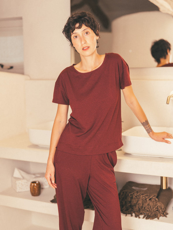 Pétrone pyjama femme coton bio tencel lyocell bordeaux foncé