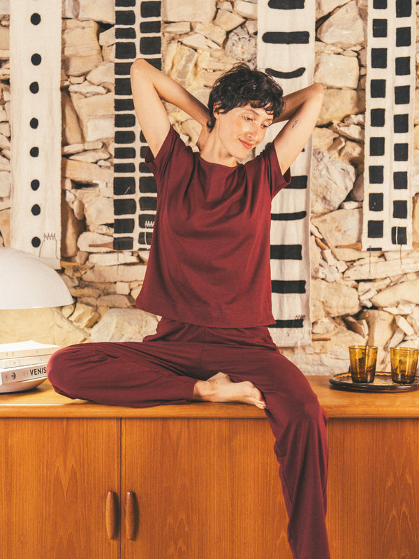 Pétrone pyjama femme coton bio tencel lyocell bordeaux foncé