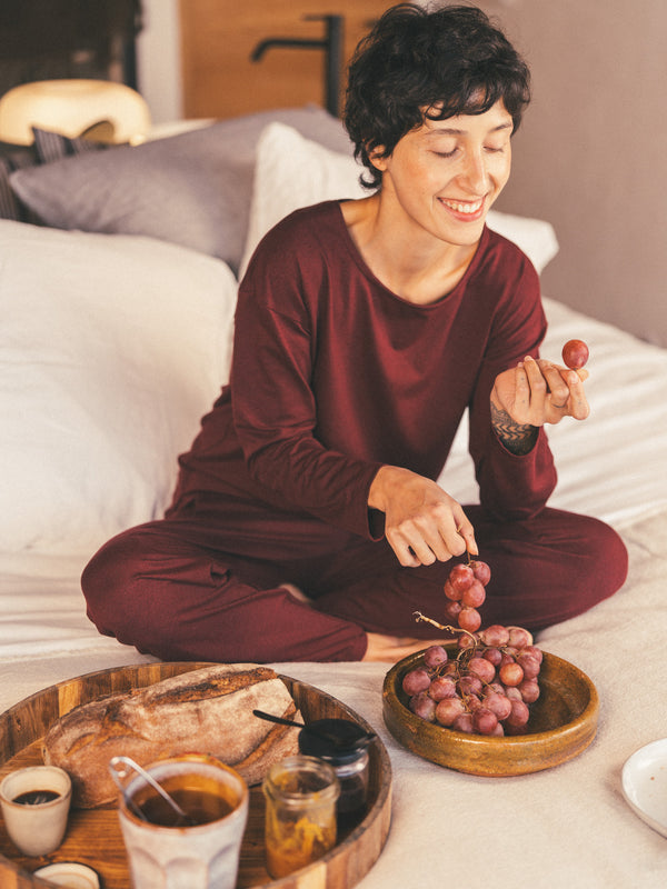 Pétrone pyjama femme coton bio tencel lyocell bordeaux foncé