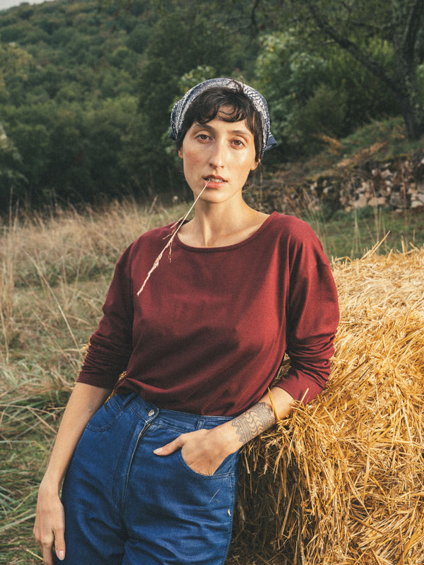 Pétrone t-shirt boxy coton bio tencel lyocell bordeaux foncé femme