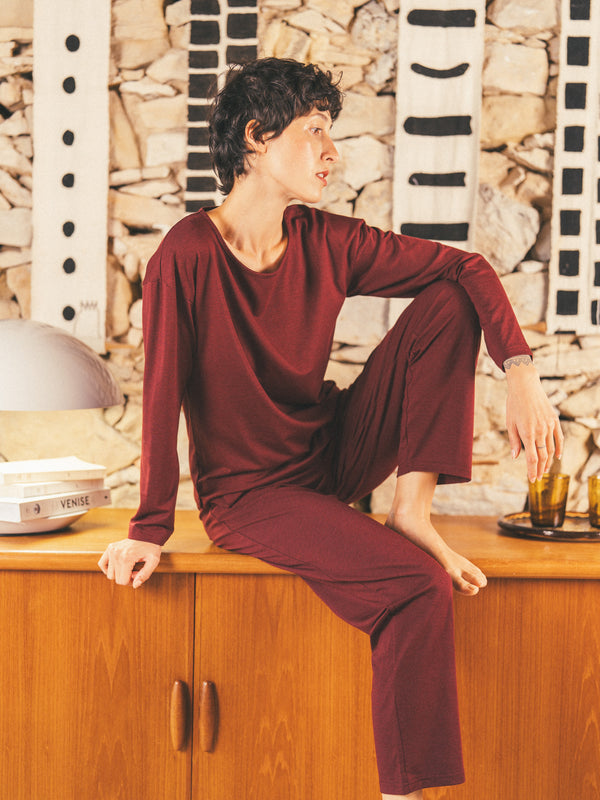Pétrone t-shirt boxy coton bio tencel lyocell bordeaux foncé femme