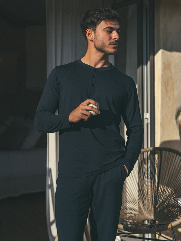 Pétrone henley homme manches longues confortable coton biologique tencel lyocell bleu marine