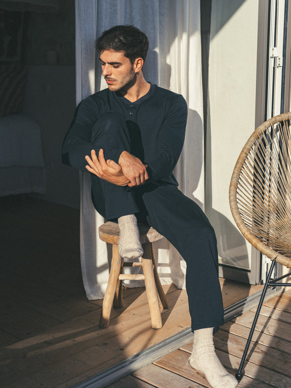 Pétrone henley homme manches longues confortable coton biologique tencel lyocell bleu marine