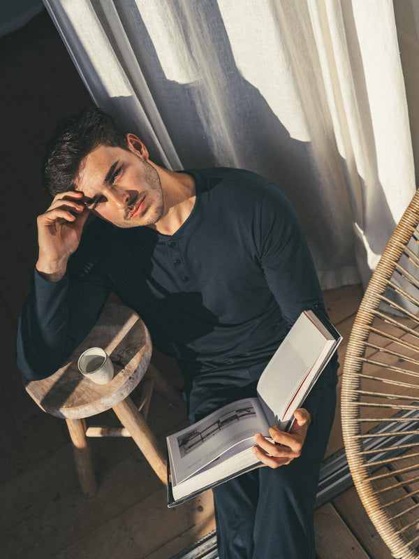 Pétrone henley homme manches longues confortable coton biologique tencel lyocell bleu marine
