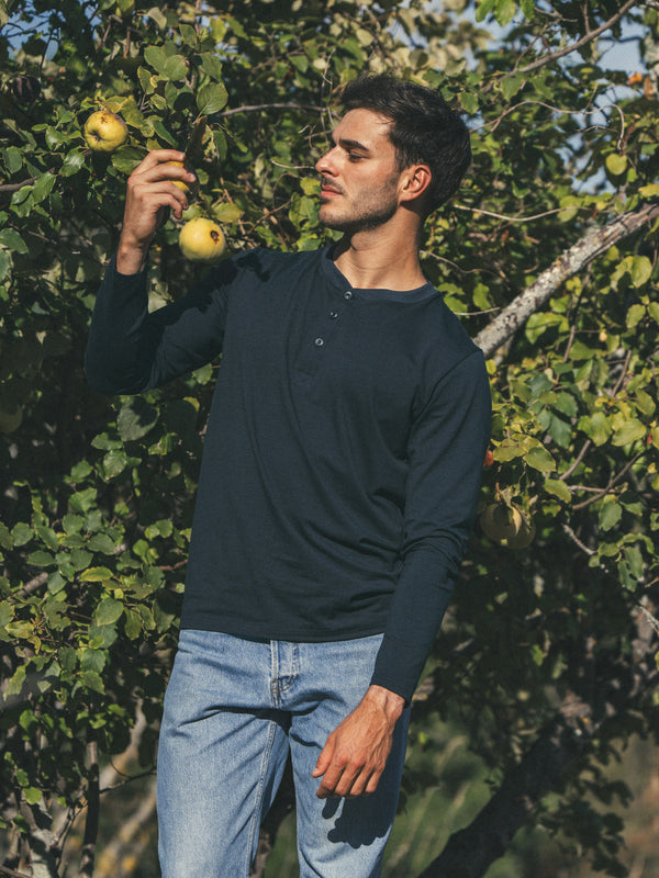 Pétrone henley homme manches longues confortable coton biologique tencel lyocell bleu marine