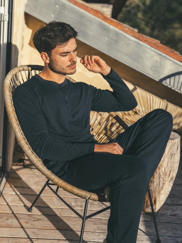 Pétrone henley homme manches longues confortable coton biologique tencel lyocell bleu marine