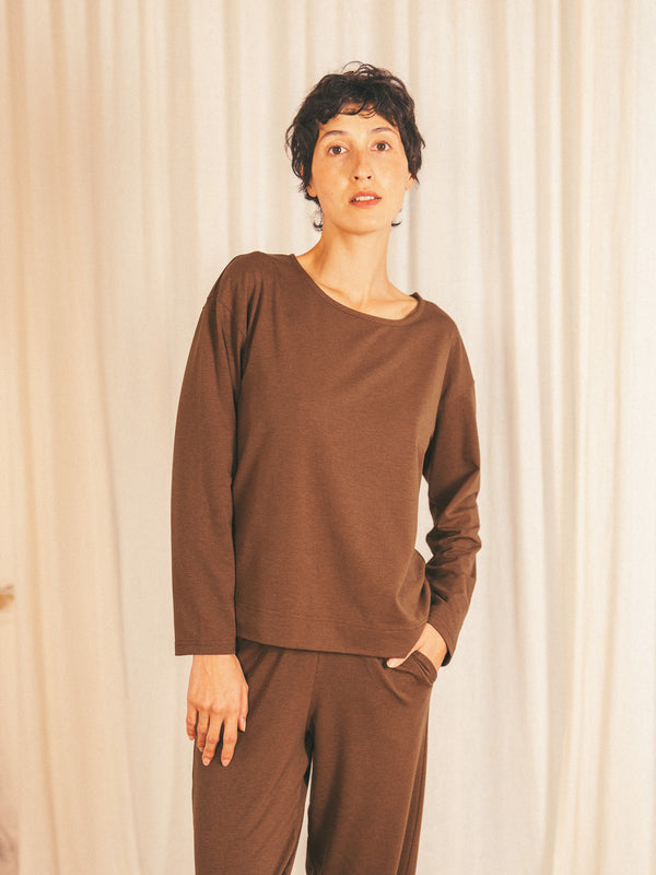 Pétrone t-shirt boxy coton bio tencel lyocell chocolat femme