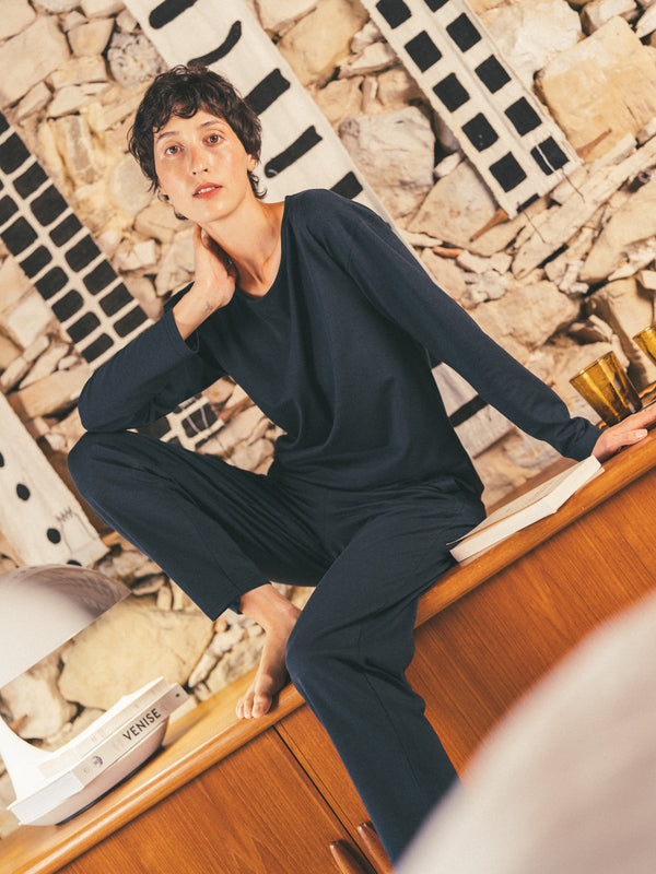 Pétrone pyjama femme coton bio tencel lyocell bleu marine