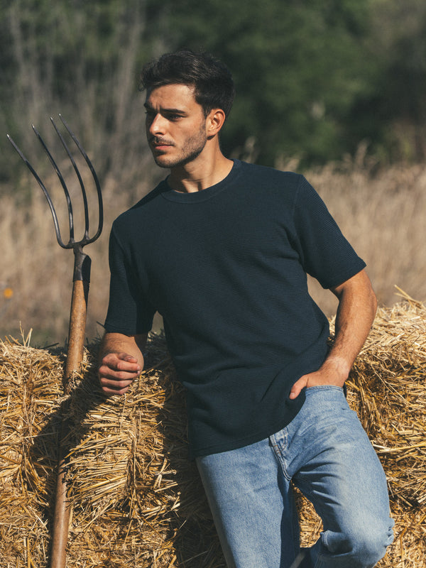 Pétrone T-shirt manches courtes gaufré thermal coton bio tencel bleu marine homme