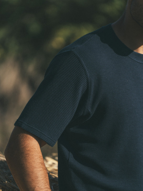 Pétrone T-shirt manches courtes gaufré thermal coton bio tencel bleu marine homme