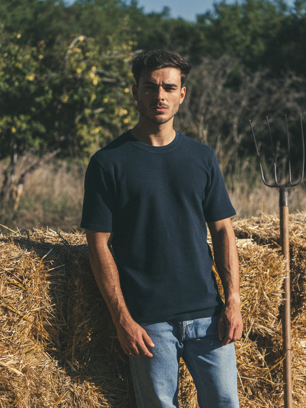 Pétrone T-shirt manches courtes gaufré thermal coton bio tencel bleu marine homme