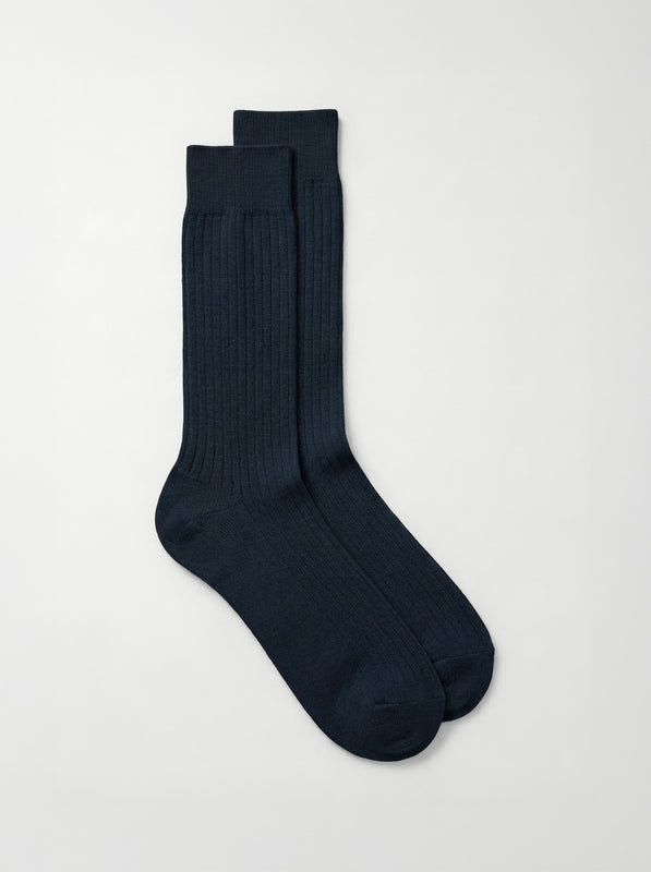 Pétrone chaussettes côtelées mi-mollet en fil d'Ecosse italien bleu marine hommes#couleur_bleu-marine