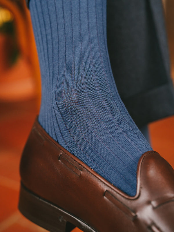 Pétrone chaussettes côtelées mi-mollet en fil d'Ecosse italien bleu céruléen hommes#couleur_bleu-céruléen