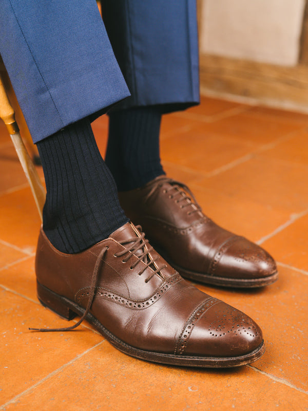 Pétrone chaussettes côtelées mi-mollet en fil d'Ecosse italien bleu marine hommes#couleur_bleu-marine