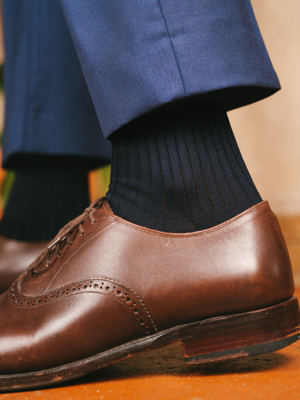 Pétrone chaussettes côtelées mi-mollet en fil d'Ecosse italien bleu marine hommes#couleur_bleu-marine