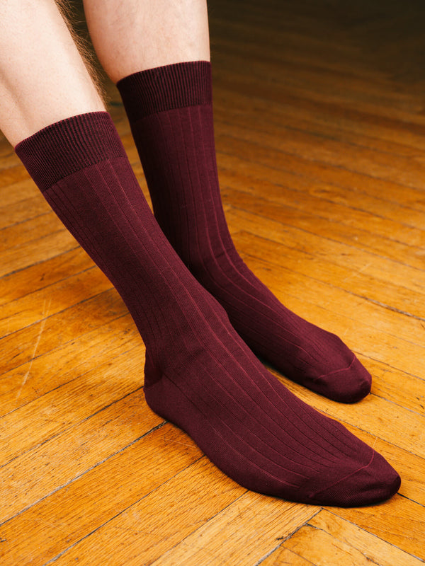 Pétrone chaussettes côtelées mi-mollet en fil d'Ecosse italien bordeaux hommes#couleur_bordeaux-foncé