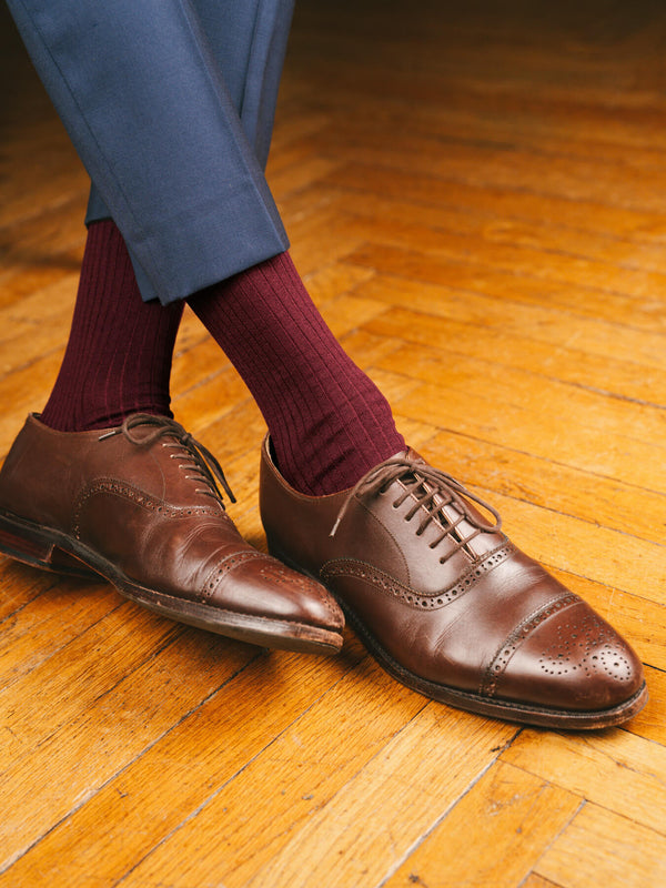 Pétrone chaussettes côtelées mi-mollet en fil d'Ecosse italien bordeaux hommes#couleur_bordeaux-foncé