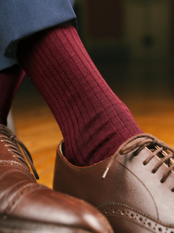 Pétrone chaussettes côtelées mi-mollet en fil d'Ecosse italien bordeaux hommes#couleur_bordeaux-foncé
