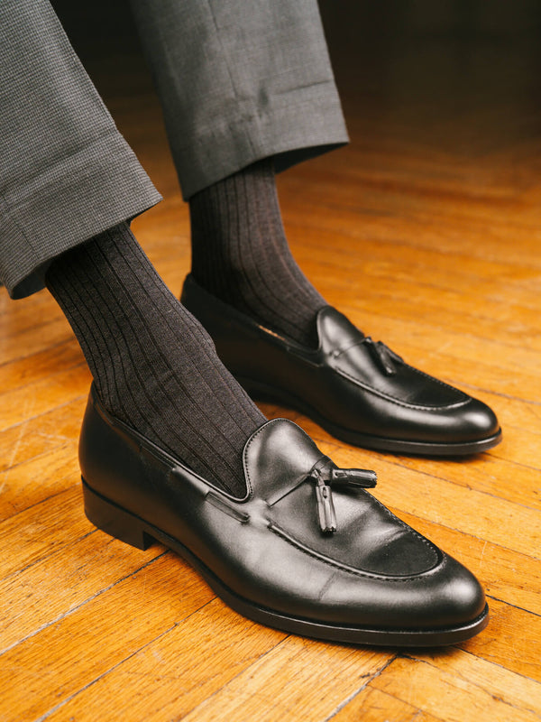 Pétrone chaussettes côtelées mi-mollet en fil d'Ecosse italien gris hommes#couleur_gris-anthracite-chiné