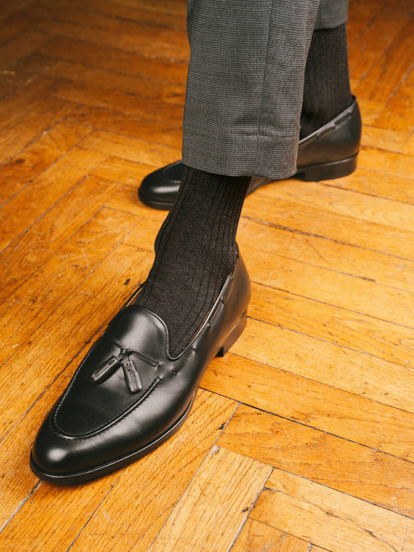 Pétrone chaussettes côtelées mi-mollet en fil d'Ecosse italien gris hommes#couleur_gris-anthracite-chiné