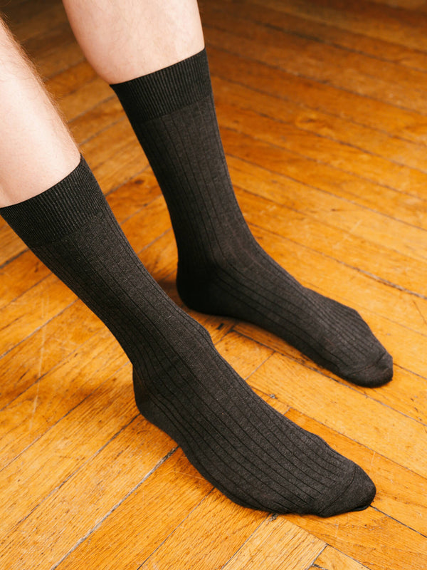 Pétrone chaussettes côtelées mi-mollet en fil d'Ecosse italien gris hommes#couleur_gris-anthracite-chiné