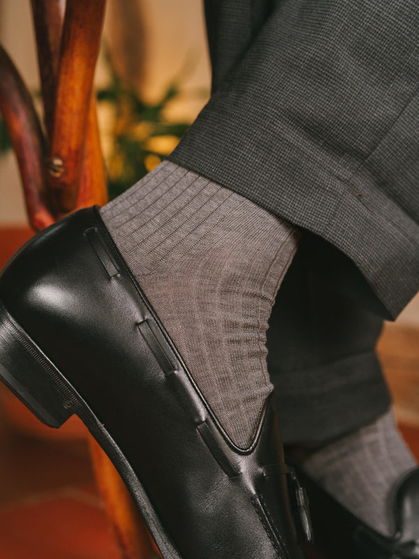 Pétrone chaussettes côtelées mi-mollet en fil d'Ecosse italien gris hommes#couleur_gris-moyen-chiné