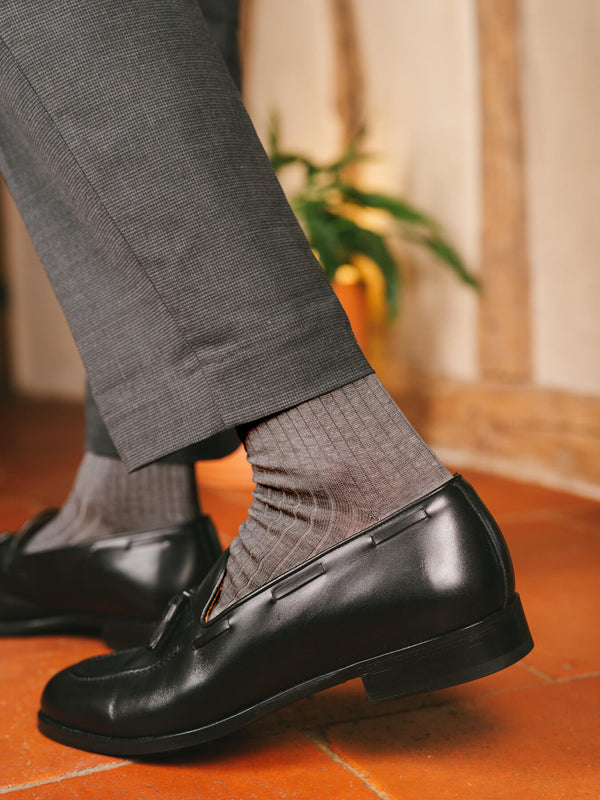 Pétrone chaussettes côtelées mi-mollet en fil d'Ecosse italien gris hommes#couleur_gris-moyen-chiné