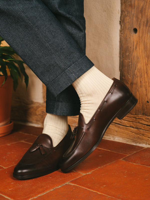 Pétrone chaussettes côtelées mi-mollet en fil d'Ecosse italien ivoire hommes#couleur_ivoire